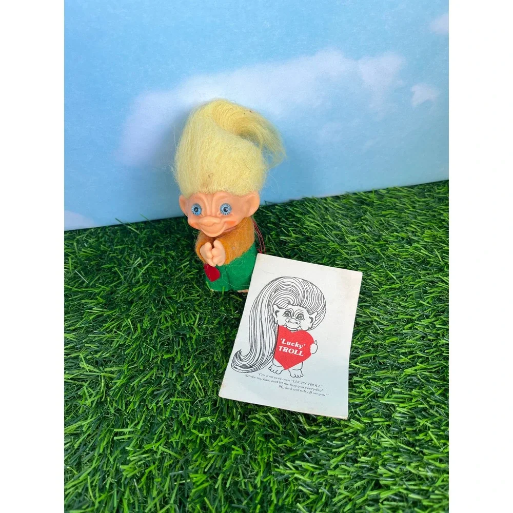 Vintage Lucky Troll Doll Yellow Hair Blue Eyes Mini Toy with Tag